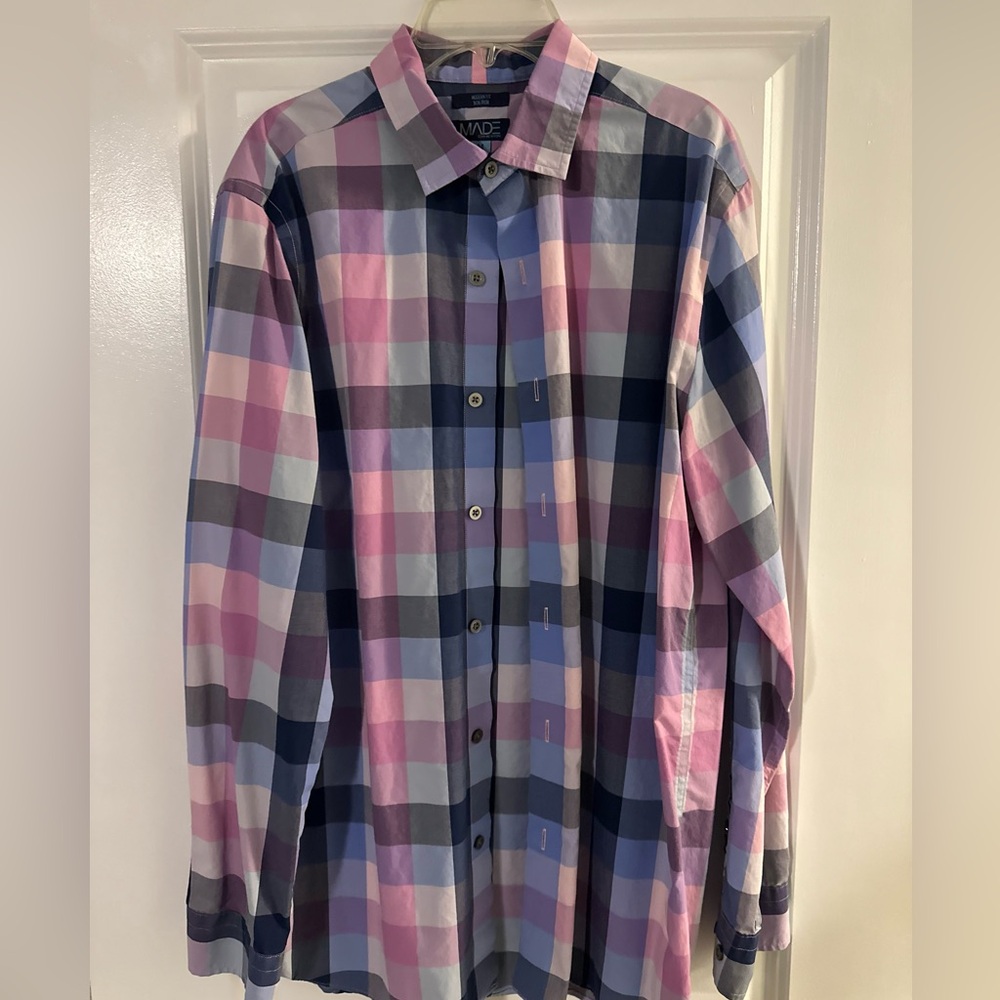 Made for Life Blue and Pink Casual Button Down Shirt
